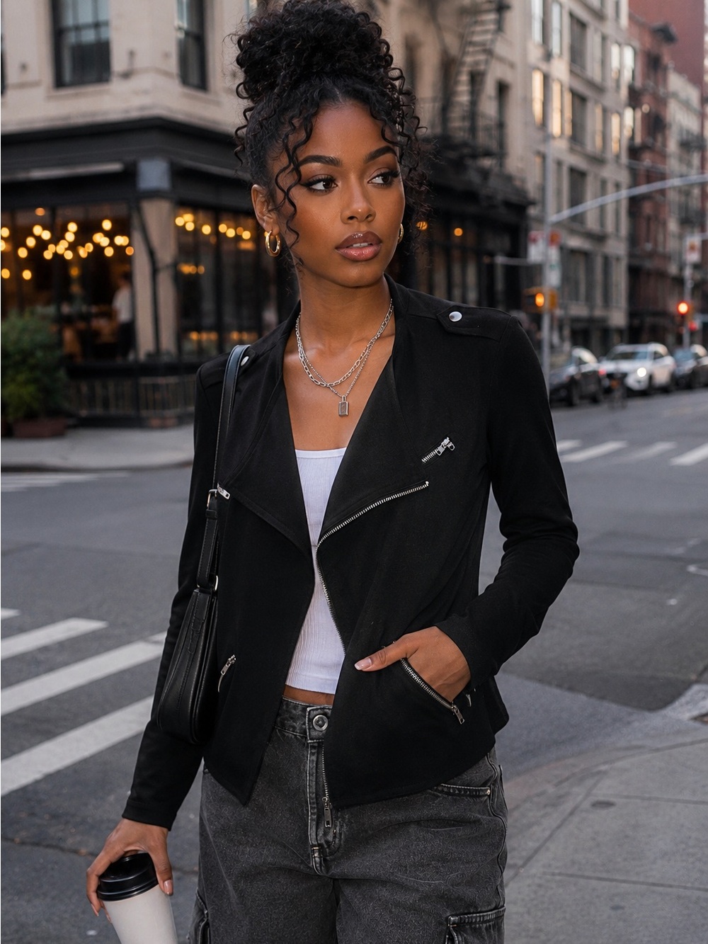 Black Moto Jacket – Silver Zipper Detail – Size M